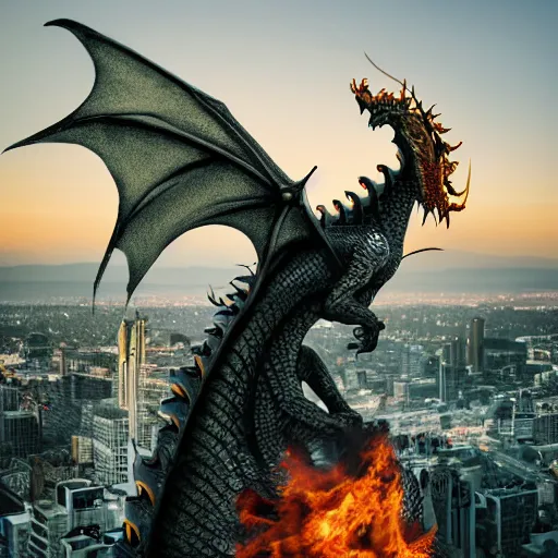 Image similar to photo of a fantasy dragon on top of a building, breathing fire to the city below, highly detailed, high quality, HD, 4k, 8k, Canon 300mm, professional photographer, 40mp, lifelike, top-rated, award winning, realistic, sharp, no blur, edited, corrected, trending