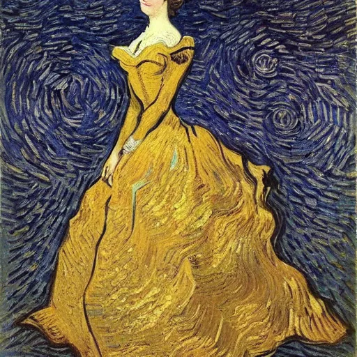 Prompt: Stunning picture of a magnificent ball gown designed by Vincent Van Gogh