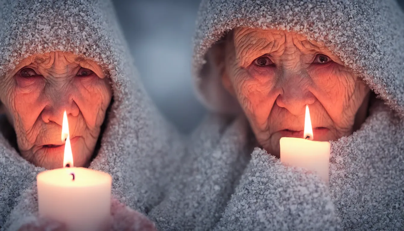 Prompt: a close up portrait of one solitary old underweight lady frozen, energy crisis, full colour, hyper realistic photo, candle light, shallow depth of field, upscale, 8 k, masterpiece,