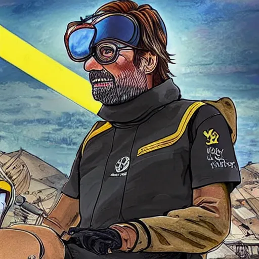 Image similar to jurgen klopp riding a motorcycle through a post - apocalyptic landscape, epic, anime, manga