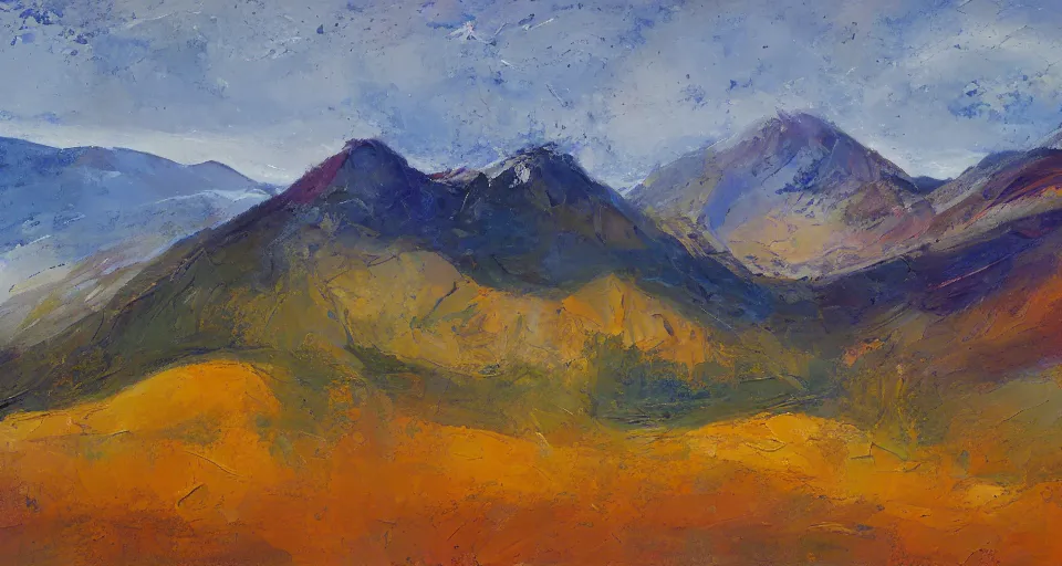 Prompt: Abstract impasto painting of the Salmon River mountains by John Harris, 4k scan, oil on canvas,