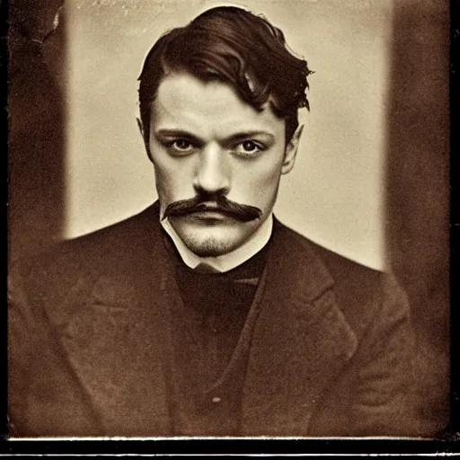 Image similar to headshot edwardian photograph of james mcavoy, sebastian stan, henry cavill, moustache, 1 9 2 0 s film actor, suave, charming, realistic face, 1 9 1 0 s photography, 1 9 0 0 s, grainy, victorian, soft blur