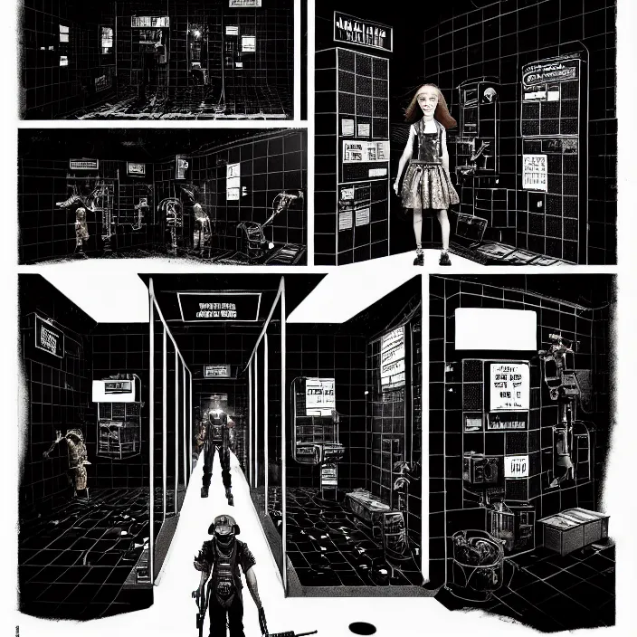 Image similar to sadie sink as a miner inside a minimalist steampunk automated kiosk room considers food options to choose from. black tiles on walls, bright foods displayed on a wall. wide angle lens. black and white, pencil and ink. scifi cyberpunk. by gabriel hardman, joe alves, chris bonura. cinematic atmosphere, detailed and intricate, perfect anatomy