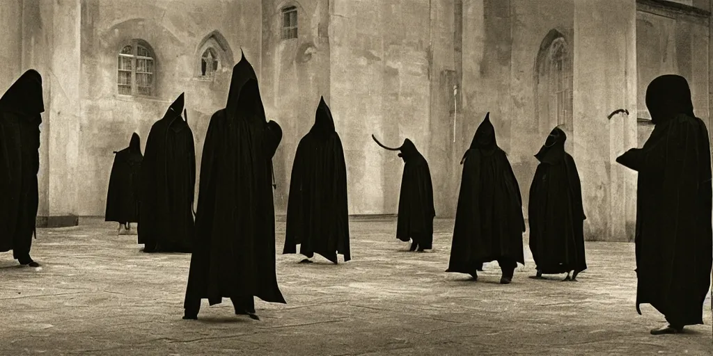 Prompt: calling forth satan a circle black robed and hooded plague doctors , old film, 35mm film, found film, scary, ominous, frightening, ghastly, photorealistic, by bruce davidson, on hasselblaad