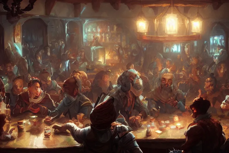 Prompt: a game of cards at a crowded d & d tavern, by greg rutkowski and anna podedworna, artstation