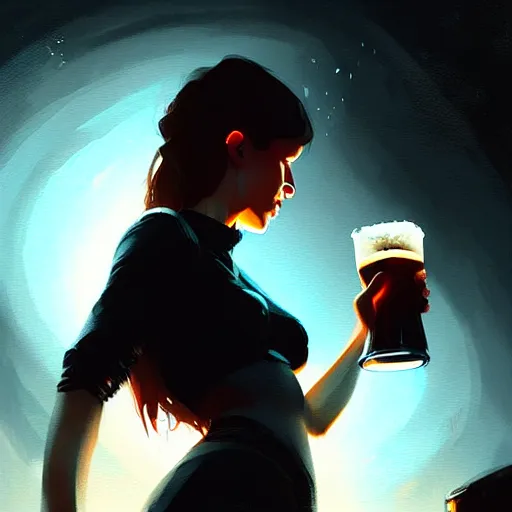 Image similar to a girl drinking beer in black hole, detailed digital art by greg rutkowski.