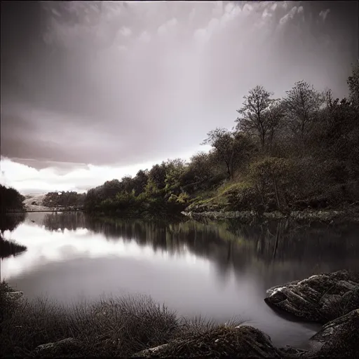 Prompt: photo of a beautiful river landscape by michal karcz., taken by a disposable camera