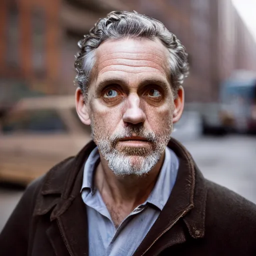 Image similar to closeup portrait of a Jordan Peterson , new york back street , by Steve McCurry and David Lazar, natural light, detailed face, CANON Eos C300, ƒ1.8, 35mm, 8K, medium-format print