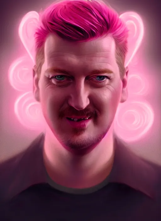 Prompt: portrait of josh homme, realistic, smile, ugly, defined jawline, big chin, pink hair bow, intricate, elegant, glowing lights, highly detailed, digital painting, artstation, sharp focus, illustration, art by wlop, mars ravelo and greg rutkowski