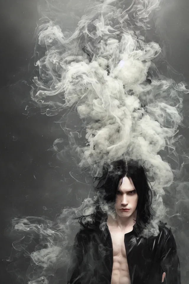 Prompt: a man with pale skin and long-black hair, latex suit and raincoat, floating in smoke, in the style of ruan jia and yoshitaca amano