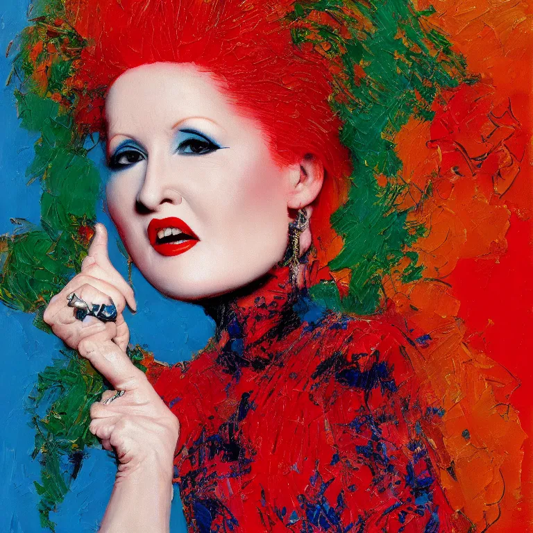 Prompt: close up studio portrait of Cindy Lauper wearing an Issey Miyake dress in 1985, impasto heavy brushstrokes oil painting by Norman Rockwell and Tim Hawkinson and Cy Twombly, Intense colors trending on artstation dramatic lighting Expressionism