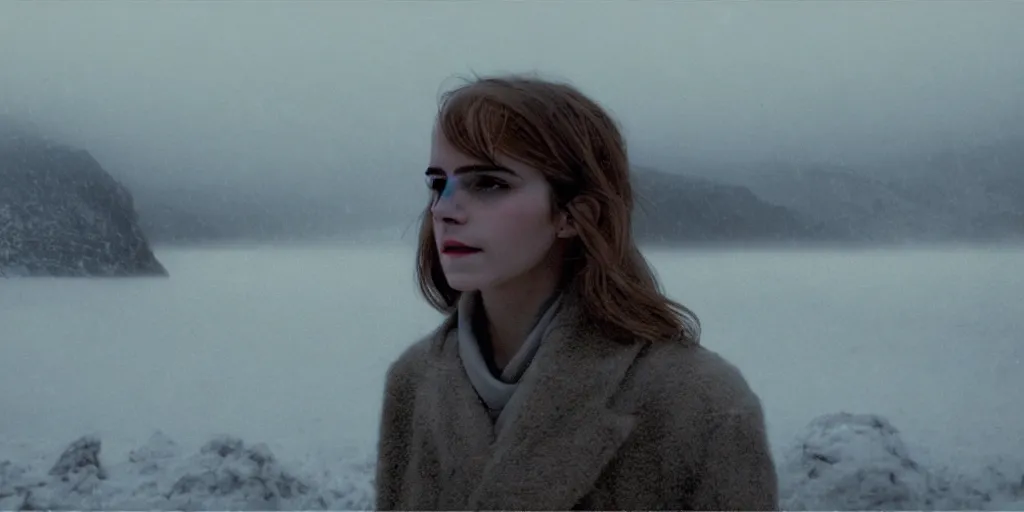 Prompt: portrait of emma watson, tarkovsky, film grain, kodachrome, dense snowy mountains, long hair, cloth, heavy fog, hudson river school, 4 k, dramatic lighting, sunrise, hayao miyazaki, masashi ando, nizou yamamoto, kazuo oga, joe hisaishi, yoji takeshige, naoya tanaka