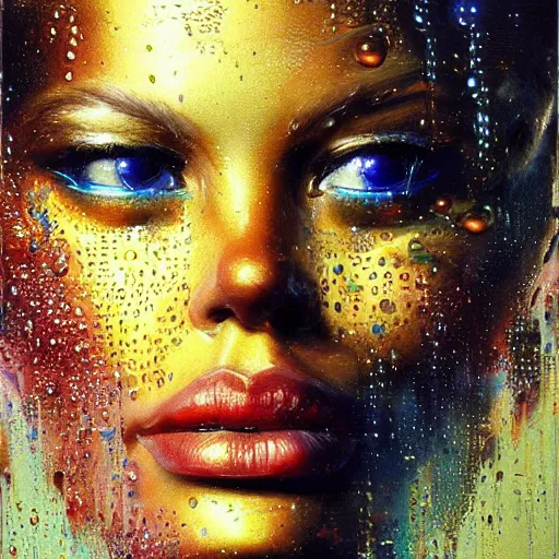 Prompt: an intricate, detailed face of an android, golden skin with water drops on it, dramatic lighting, masterpiece, John Berkey