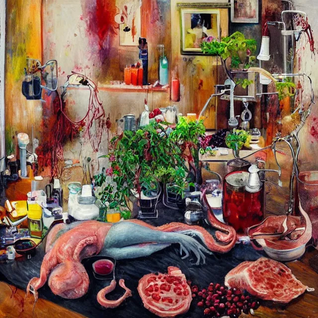Prompt: sensual, female artist in her apartment, surgical equipment, giant octopus, a fur seal, raw pork, berry juice drips, pancakes, berries, peppercorns scientific glassware with plant roots, art supplies, candles dripping wax, neo - impressionist surrealism, acrylic and spray paint and oilstick on canvas