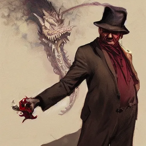 Prompt: A mafia man with a tobacco in his left hand, behind him is a Chinese dragon emanating a red aura of danger art by Craig Mullins, Simon Bisley, Gregory Manchess, Fernanda Suarez, Artem Demura, Alphonse Mucha, Donato Giancola, Jason Felix, Steve Argyle, Tyler Jacobson, Peter Mohrbacher, trending on artstation, digital art