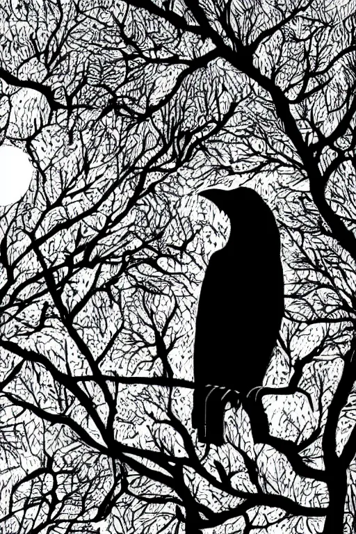 Image similar to close up portrait of a crow on a tree in front of the full big moon, vector graphic, clear lines, intricate, portrait, 8k highly professionally detailed, HDR, CGsociety