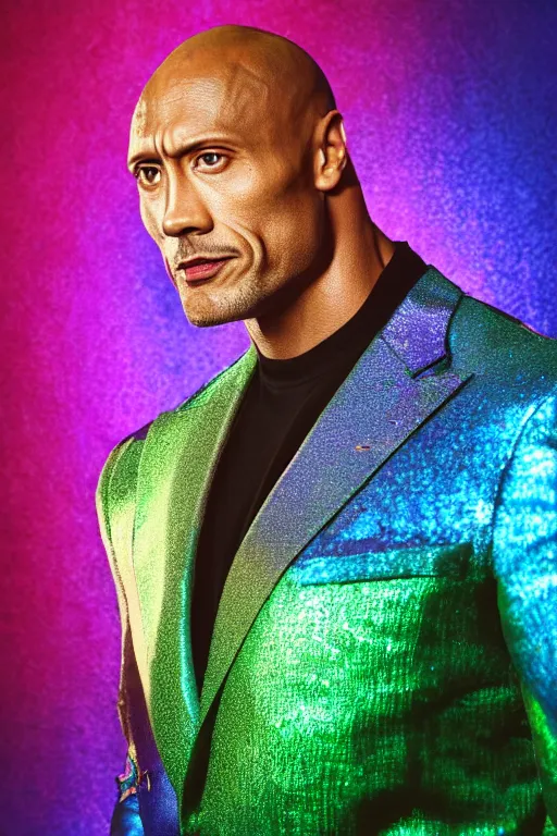 Prompt: photo portrait of the rock wearing a rainbow metallic suit