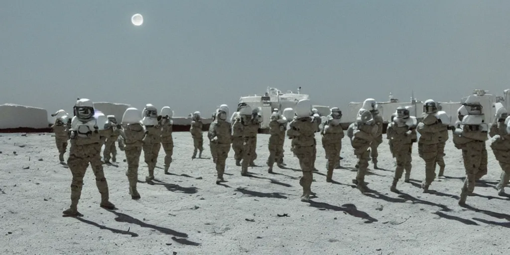 Image similar to color film still, android soldiers marching in the lunar base ; moon ( 2 0 0 9 )