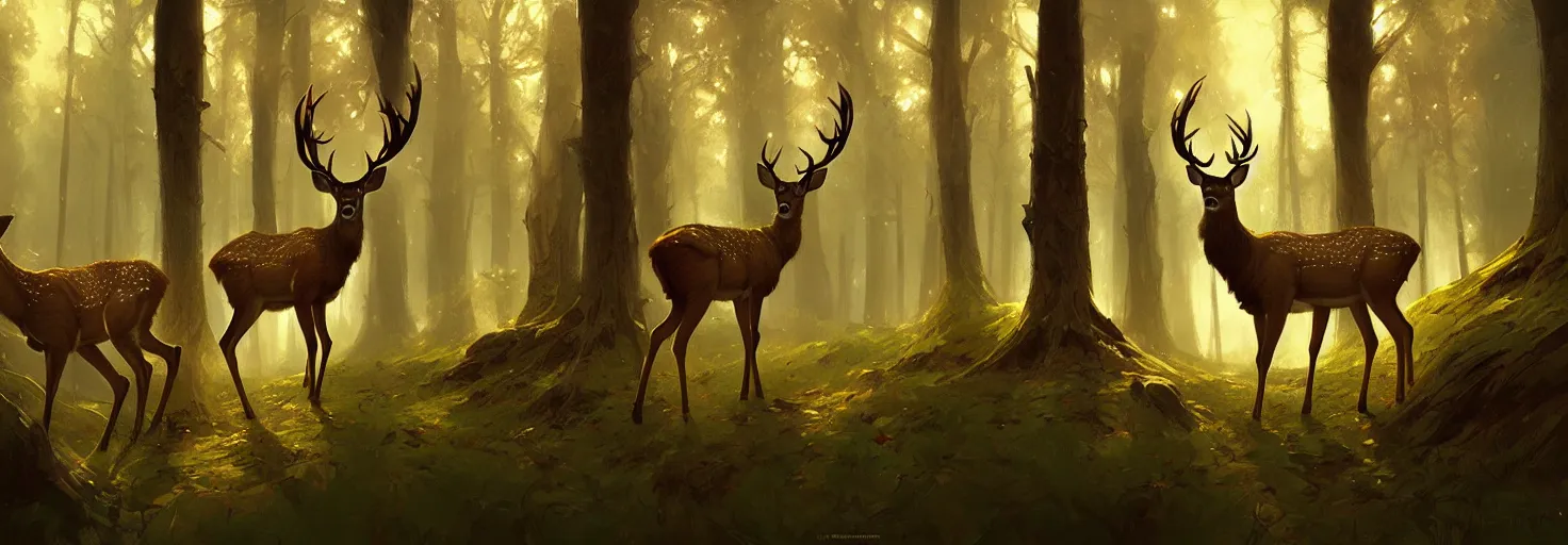 Image similar to Deer in Sherwood Forest, full frame, highly detailed, digital painting, artstation, concept art, smooth, sharp focus, illustration, art greg rutkowski and alphonse mucha