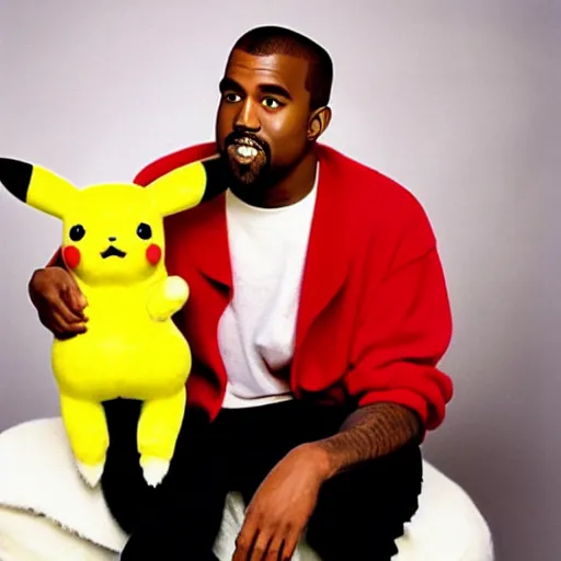 Image similar to kanye west smiling holding pikachu for a 1 9 9 0 s sitcom tv show, studio photograph, portrait c 1 2. 0