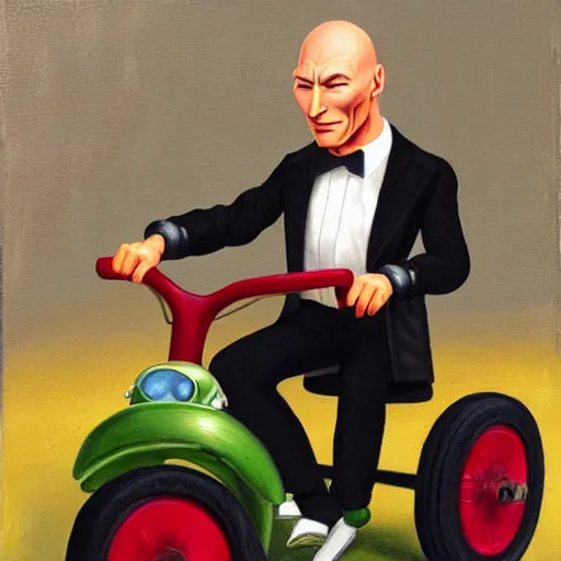 Image similar to Captain Picard on a tricycle, lowbrow painting by Mark Ryden