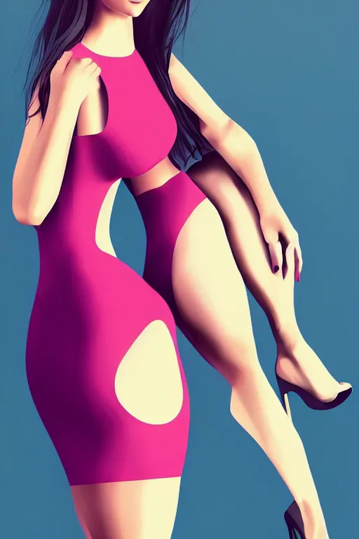 Image similar to full length portrait of very very very very very beautifully female with amazing body figure wearing tight dress, digital painting, trending on art station and devian art, pop art, low polygons illustration