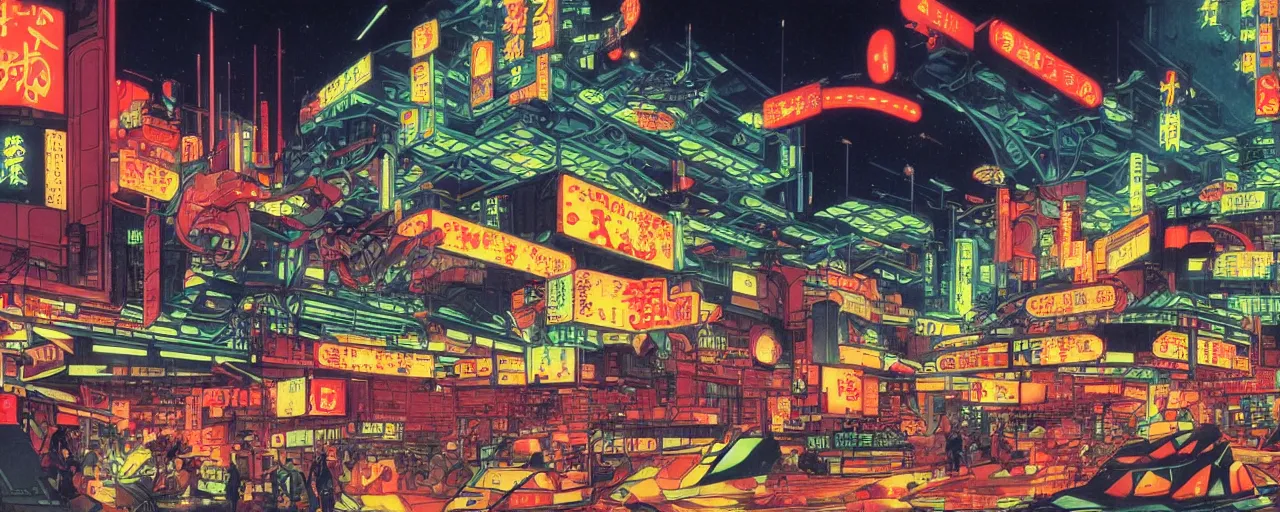 Prompt: robot frog destroying the center of a futuristic sci-fi asian city at night, signboards, neon lights, blade runned color palette, by Yasunari Ikenaga, Yamato, Macross