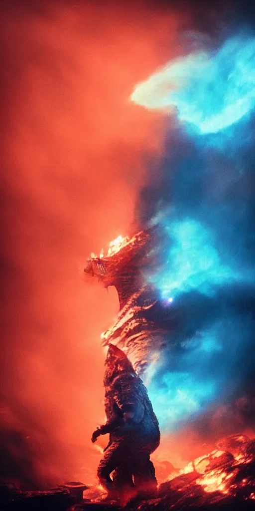 Image similar to low - resolution filmstill of a kaiju monster, fog, smoke, fire, red and blue hues, thriller, underdeveloped, flare, epic, dramatic