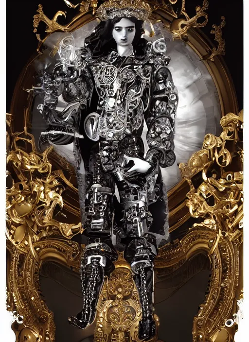 Image similar to baroque and cyberpunk style full-body sculpture of a young seductive Hispanic prince half android with a chest exposing a glowing ruby battery with porcelain arms posed like a model, glowing gold laser eyes, crown of white gears and sparkling diamonds, swirling white-colored silk fabric, robot dinosaurs. modern elements. reflective surfaces. intricate artwork by caravaggio. art by Artgerm and Alphonse Mucha, Trending on artstation, cinematic industrial lighting, photorealistic, octane render, 8k, depth of field, 3D