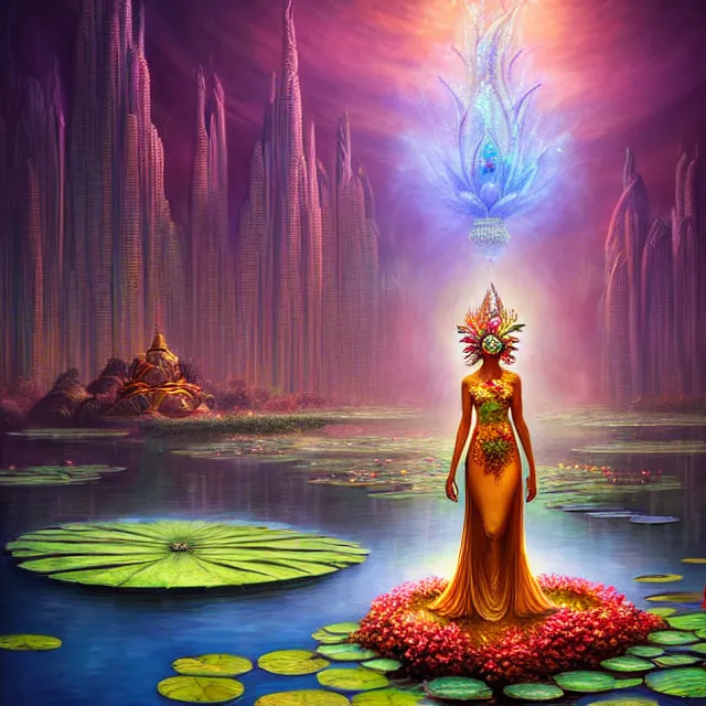 Image similar to Beautiful 3d render of the flower queen goddess near a pond full of lotus, atmospheric lighting, painted, intricate, volumetric lighting, beautiful, rich deep colours masterpiece, sharp focus, ultra detailed, in the art style of Dan Mumford and marc simonetti, with a clear crowded futuristic cyberpunk dubai city in the background, astrophotography