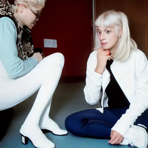 Prompt: Platinum-blonde-haired hime-cut blue-eyed 19-year-old French princess wearing white leggings, black jacket, boots, sitting in communist public housing apartment, talking to Japanese girl