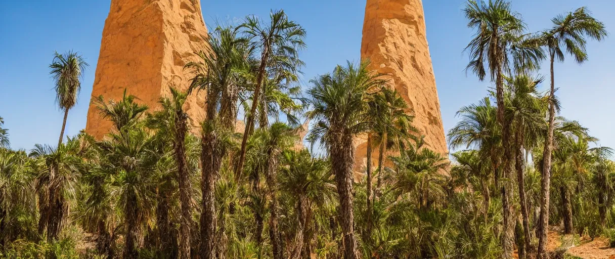 Image similar to monumental golden tower in arid mountain and lush palm forest