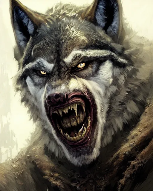 Prompt: portrait of lon chaney jr's wolf man, fantasy character portrait, ultra realistic, concept art, intricate details, highly detailed by greg rutkowski, gaston bussiere, craig mullins, simon bisley