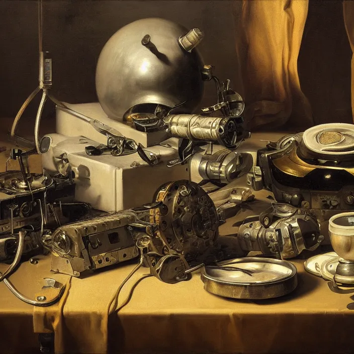 Prompt: still life painting of cyberpunk technology by pieter claesz, oil on canvas, strong lighting, highly detailed, hyper realism, golden hour, god rays, hd, 4 k