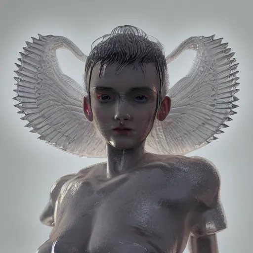 Image similar to angel spirit guide, cartoon portrait made out of rain, realistic, highly detailed, neon, rendered in octane, unreal engine, beautiful, trending on artstation,