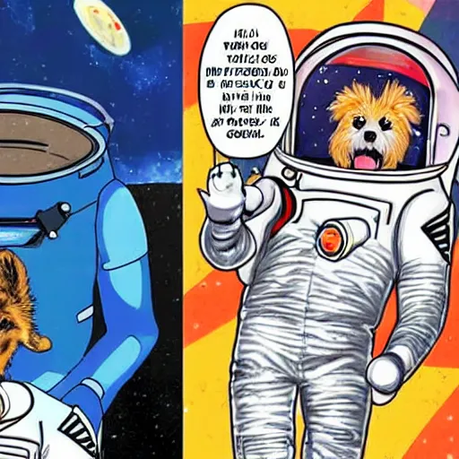 Prompt: david bowie in a spacesuit, manga. laika the dog eating a bone.