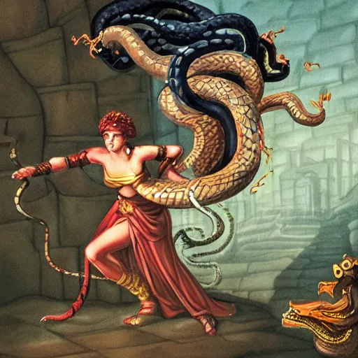 Image similar to Medusa The Queen Of Snake Castle fighting A young warrior who wants to take her down.