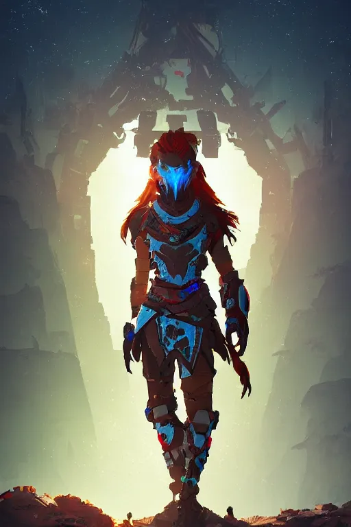 Image similar to combination suit armor aloy horizon forbidden west horizon zero dawn radiating a glowing aura global illumination ray tracing hdr fanart arstation by ian pesty and alena aenami artworks in 4 k tribal robot ninja mask helmet backpack