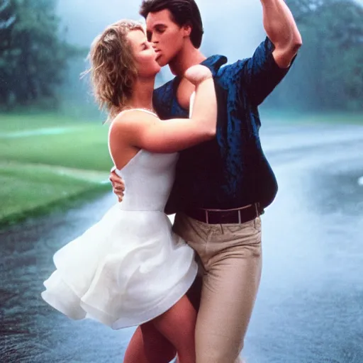 Image similar to portrait shot of young arnold schwarzenegger holding tight in love dancing in the rain with jennifer lawrence beautiful white wet dress, 5 0 mm kodak, beautiful light, best lense, 9 0 s romantic comedy, 4 k