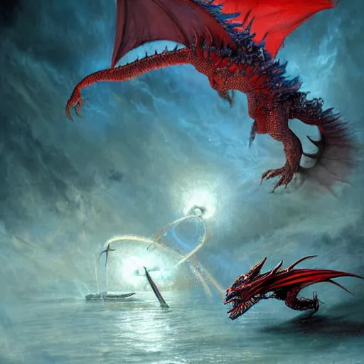 Prompt: epic fantasy painting of red dragon breathing fire towards knight, by john avon, by seb mckinnon, high detail, fantasy battle, by jeff miracola