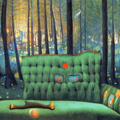 Image similar to psychedelic couch sofa in the lush pine forest, milky way, moose antlers, designed by arnold bocklin, jules bastien - lepage, tarsila do amaral, wayne barlowe and gustave baumann, cheval michael, trending on artstation, star, sharp focus, colorful refracted sparkles and lines, soft light, 8 k 4 k