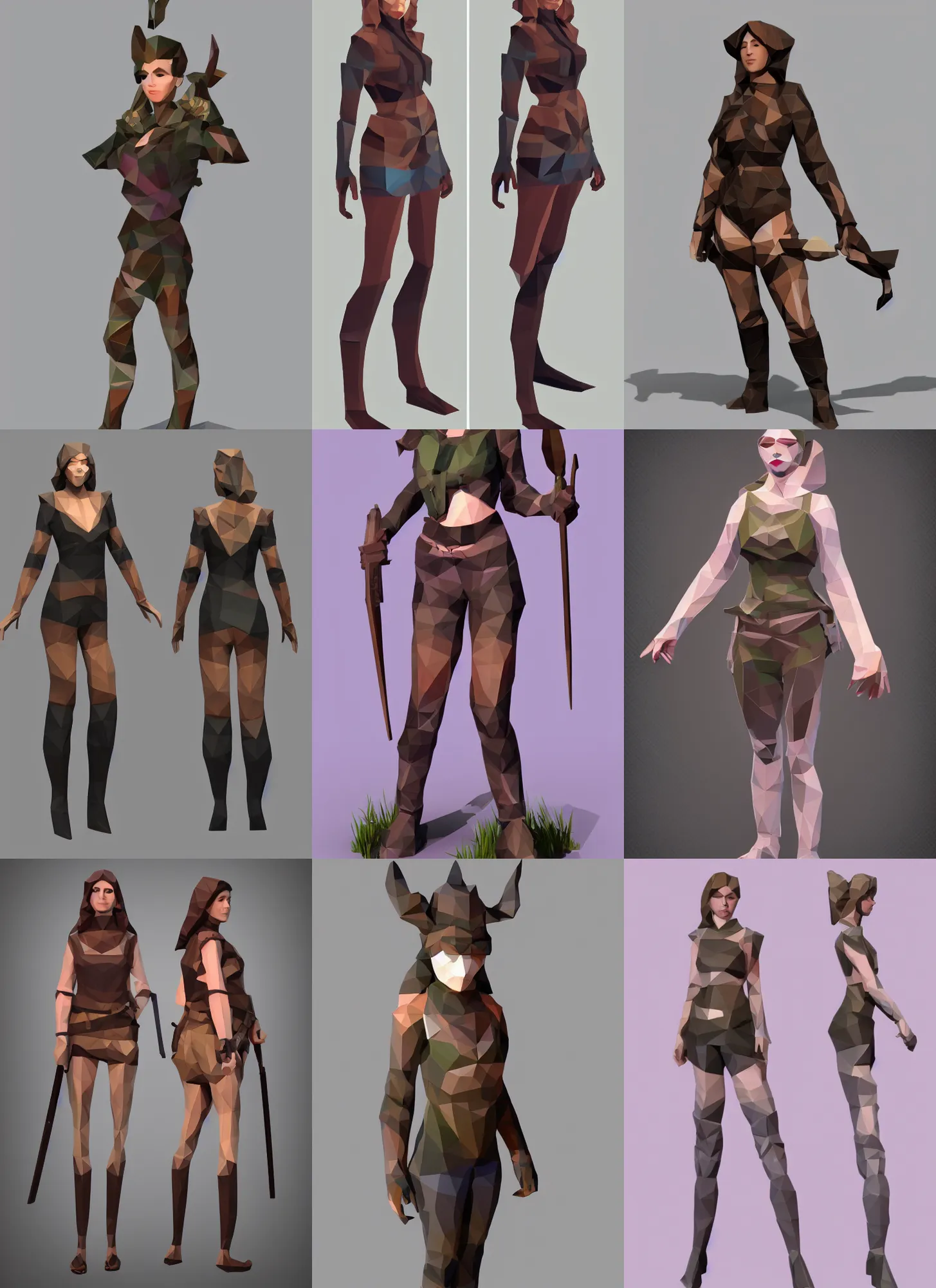 Prompt: full body concept of a lowpoly huntress, beautiful face, soft lighting