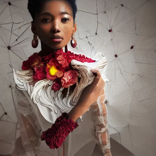 Image similar to the professional photoshoot of an absurdly beautiful, graceful, elegant, sophisticated, fashionable young black model made of strawberries and white petals, an ultrafine hyperdetailed illustration by kim jung gi, irakli nadar, intricate linework, bright colors, octopath traveler, final fantasy, unreal engine 5 highly rendered, global illumination, radiant light, detailed and intricate environment