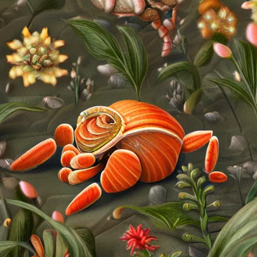 Prompt: a rococo hyperdetailed hermit - crab! in bloom, overgrown by flowers, surrounded by tiny white shells. hd matte matte background.