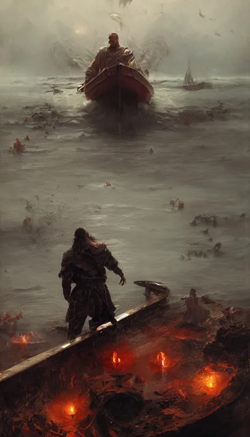 Image similar to man on boat crossing a body of water in hell with creatures in the water, sea of souls, by ruan jia