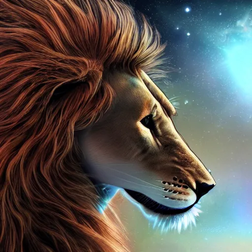 Prompt: a very high ultrarealistic hyper detailed photo of an futuristic lion humanoid with dreadlocks in the cosmos