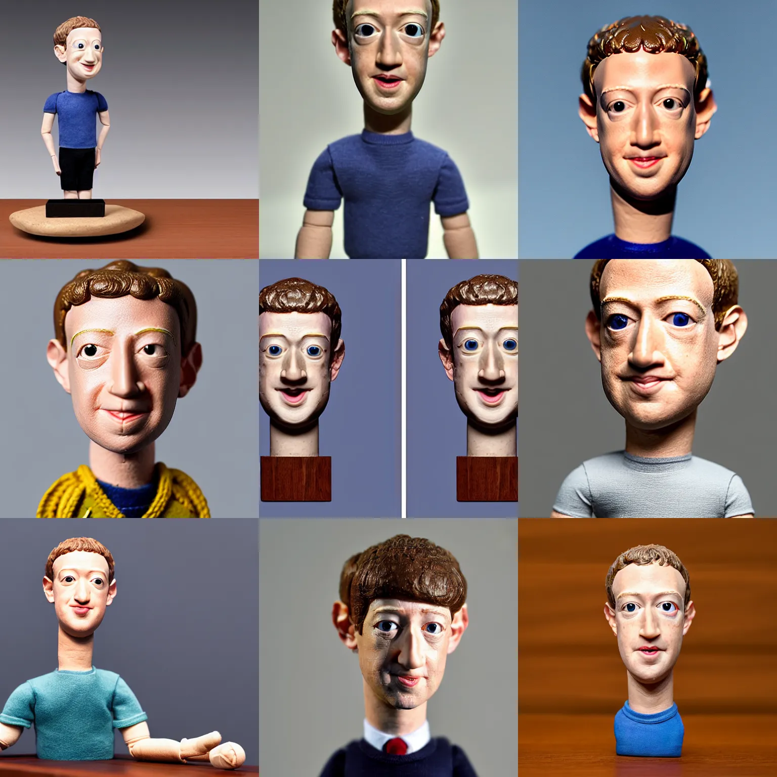 Prompt: mark zuckerberg !!! very extremely realistic!!! extreme likeness!!! smooth specular clay! extremely close smooth specular sculpted headshot of mark zuckerberg clay puppet , soft light, on wooden table. style: claymation puppet kids clay , by guldies