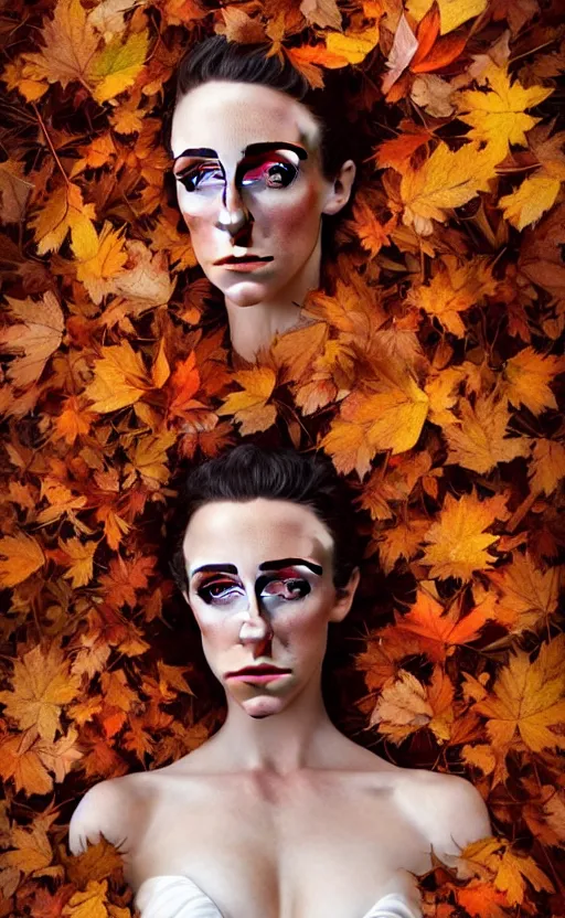 Image similar to gorgeous stella maeve magician, realistic character concept, overhead shot, drone shot, elegant pose, spooky, illustration, symmetrical face and body, cinematic lighting, detailed realistic symmetrical eyes, 8 k, joshua middleton, artgerm, tom bagshaw, single face, insanely detailed and intricate elegant, autumn leaves