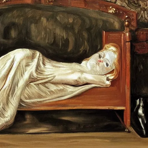 Prompt: painting of emma stone!!! on a victorian bed in a big old room, wide shot by lucian freud