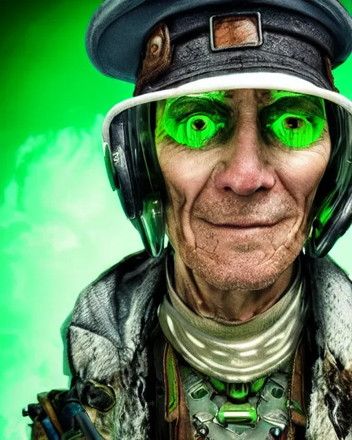 Image similar to an intimate portrait of a gnarly human cyberpunk captain, old skin, faded hat, crooked teeth, green eyes, a look of menace, detailed matte fantasy painting